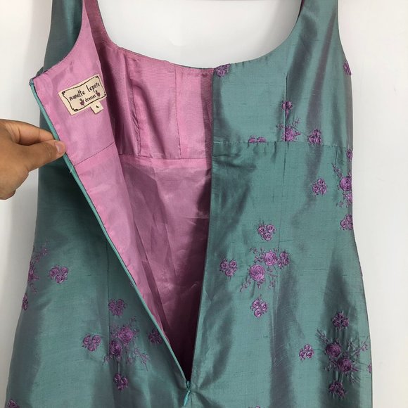 Nanette Lepore Rare Vintage Green Shimmer w/ Pink Floral Embroidery Silk Dress - Picture 10 of 14